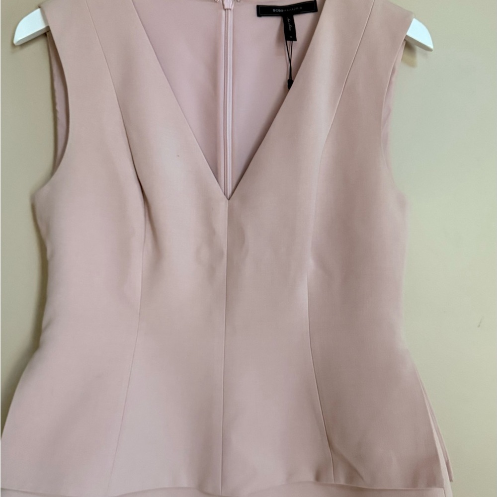 BCBGMaxAzria "JACQUELYNNA" Soft Pink V-Neck Peplum Blouse